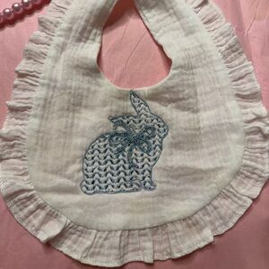 NEW cotton ruffle  White Baby Bib with Blue Embroidered Bunny